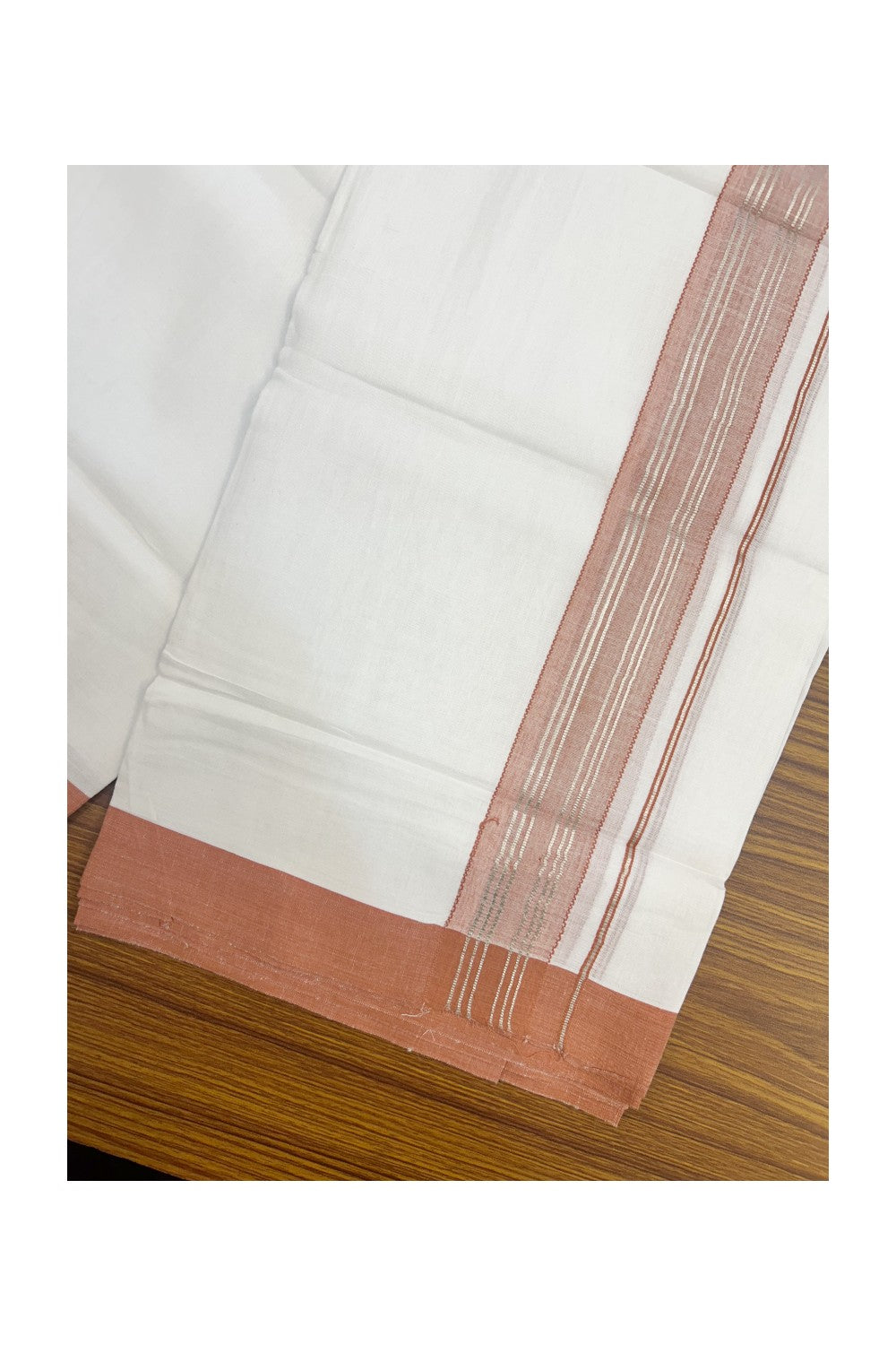 Linen Dhoti NEW! 20% Discount from Kaitharikada.com - Double Mundu/Dhoti 80x90 Thread PURE WHITE - Pure Cotton + Linen -1.75 Inch Brick Orange & Silver Striped Kara - 29KK5174THI