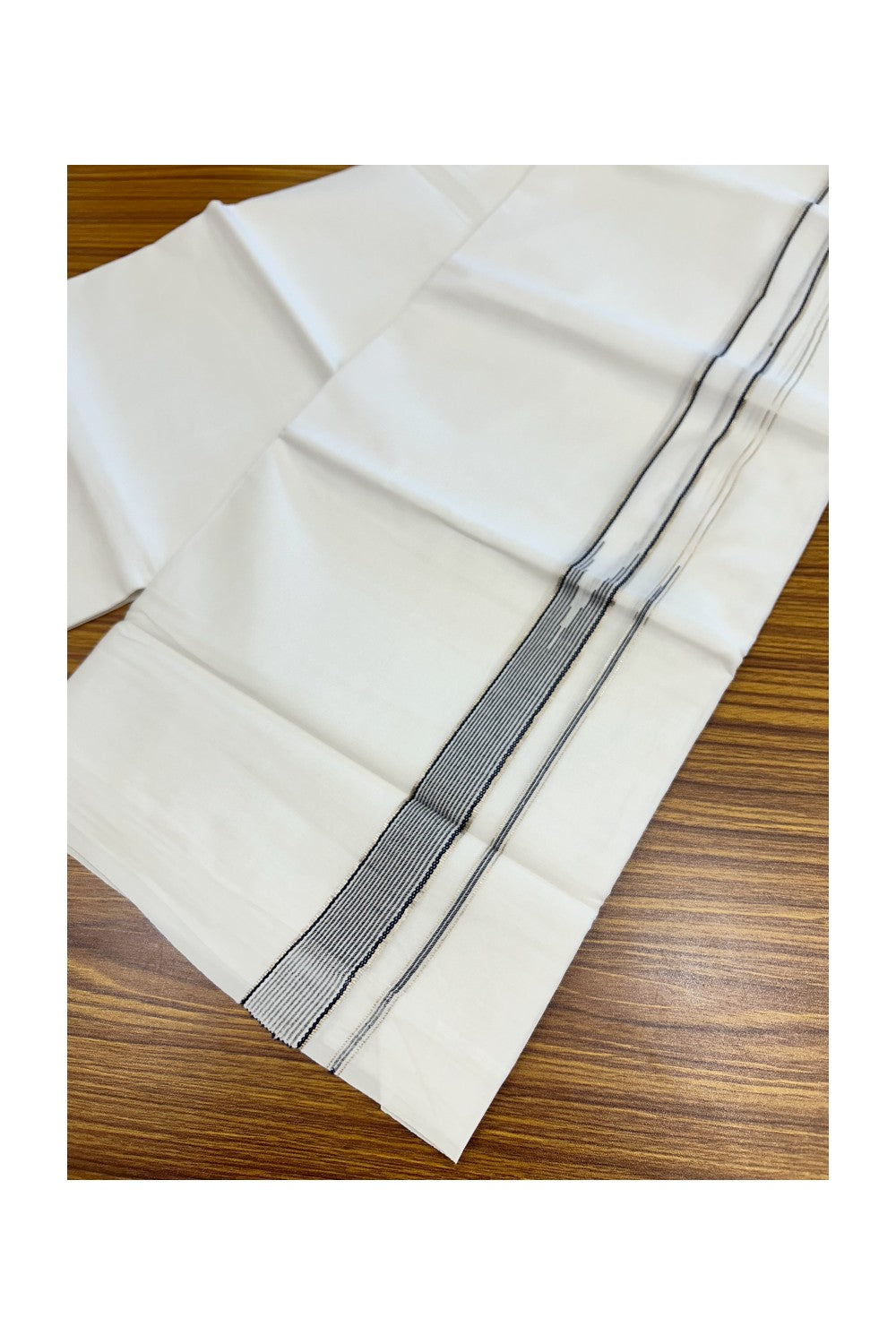 20% Discount ! Kaitharikada Balaramapuram 100% Cotton PURE WHITE Double Mundu/Dothi - 100x80 - 1 inch Silver Kasavu & Navy Blue Striped chutty kara- 29KK5183VIN