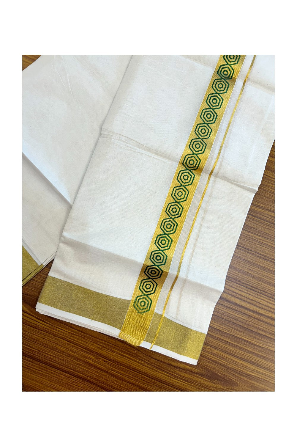 22% Discount!! KaithariKada Balaramapuram 100% Cotton DOUBLE OFF WHITE - (Ubleached) Mundu/Dhoti - 80x90 - 1.5 inch Gold Kasavu with Light Green Printed Design Kara - 29KK5219 GAN