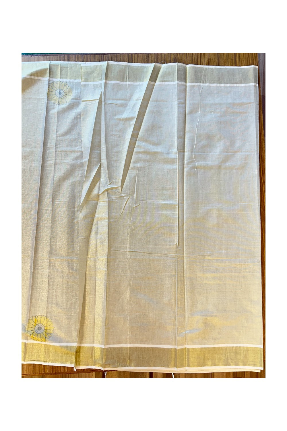 25% Discount! Kaitharikada Kerala Saree - Kasavu Tissue -  Kasavu Zari & Yellow Floral Printed Body - 29KK300VIN