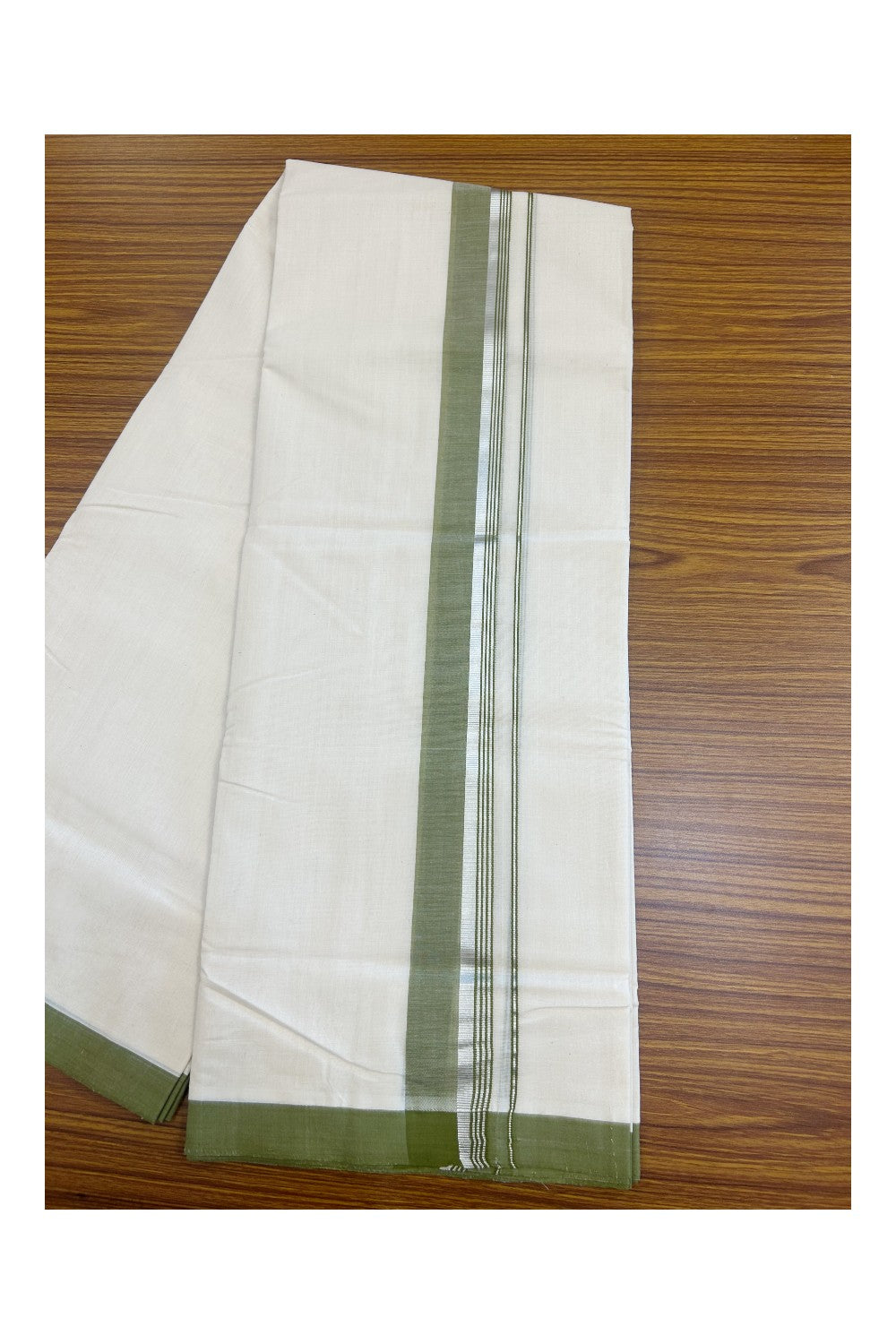 31% DISCOUNT!! KaithariKada HANDLOOM Millpaav Balaramapuram - 100% PURE Cotton OFF White Double - (Unbleached) Mundu/Dothi - 1.75 Inch Silver Kasav Green - 29kk5153RAM