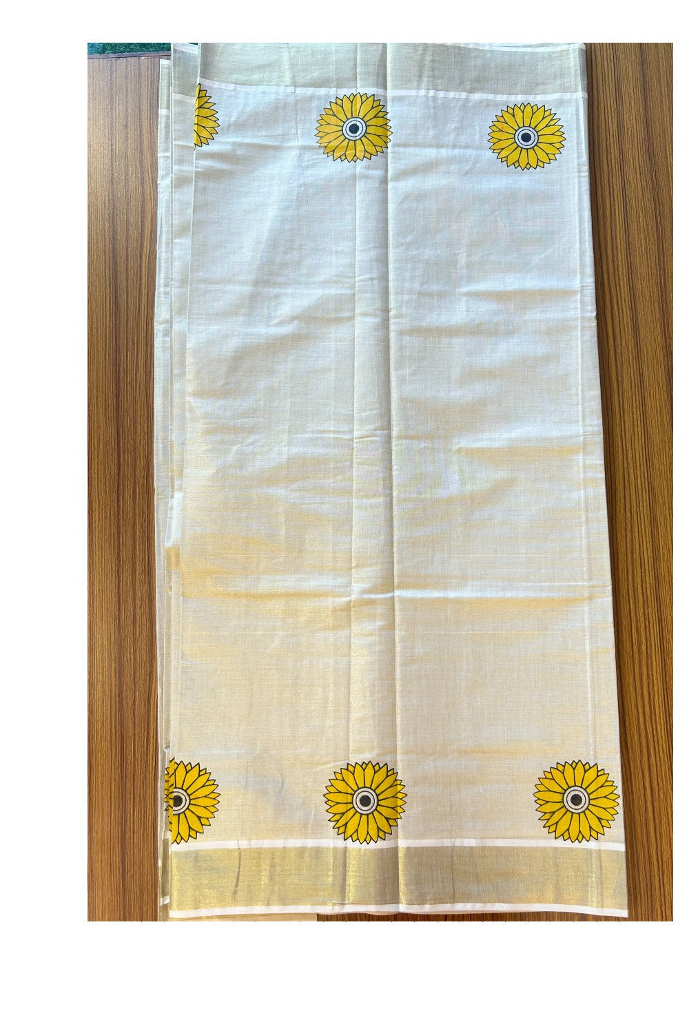 25% Discount! Kaitharikada Kerala Saree - Kasavu Tissue -  Kasavu Zari & Yellow Floral Printed Body - 29KK300VIN