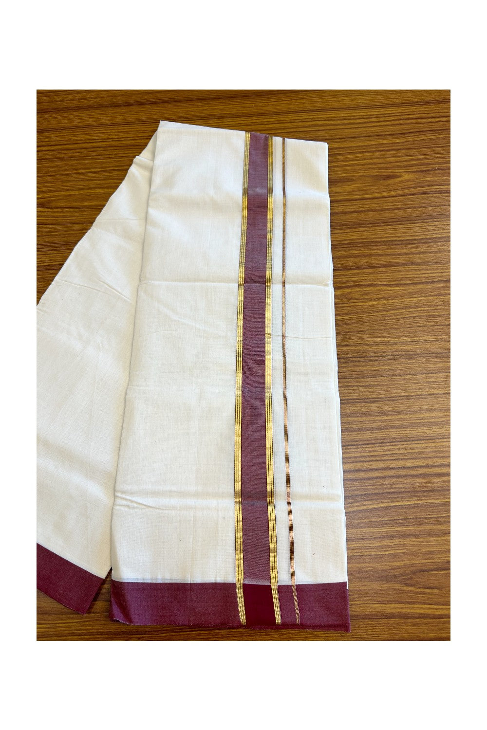 30% Discount KaithariKada HANDLOOM Unakkupaavu Balaramapuram - 100% PURE Cotton Off White (Unbleached) Double Mundu/Dhoti - 2.25 inch Kasavu & Vine Red-206