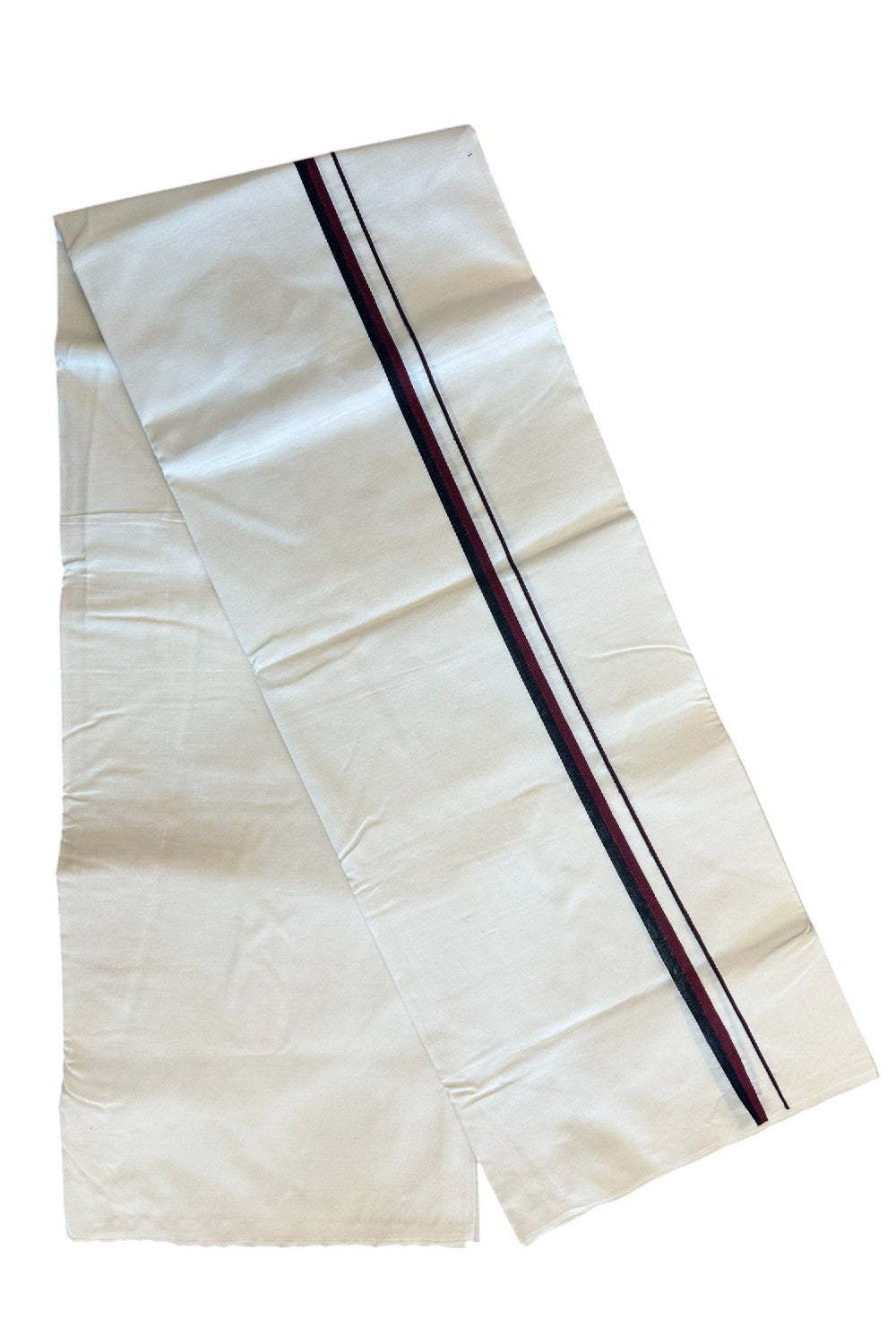 DMK Veshti - 18% DISCOUNT ! KaithariKada Balaramapuram 100% COTTON SINGLE OFF WHITE - (Unbleached) Mundu/Dhoti- 100X100 - 1 inch Maroon & Black Kara (2 metre /4 muzham) - 2KK5076ASH