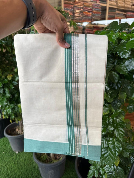 20% Discount! KaithariKada Balaramapuram 100% Cotton Off white Double Mundu/Dhoti - (100x80)S - 1.5 inch Teal Green & Silver Kasav Striped Kara - 4mtr (8.5muzham) - 72 KK5255 VAS