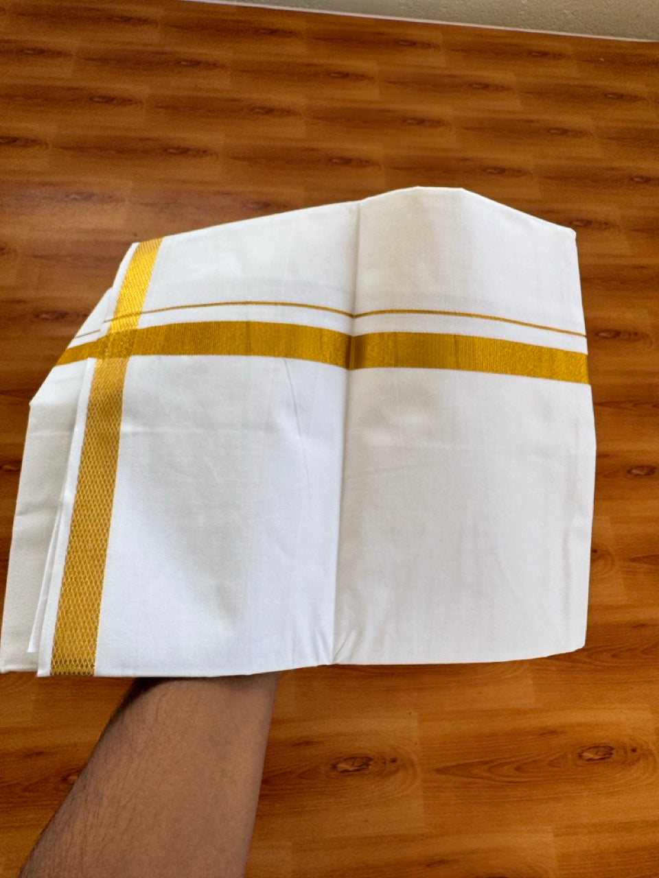 Single Pure White Pure 100% Cotton - 10% Discount ! KaithariKada UnBleached Dhoti - 40s - 0.5inch Gold Kasav (2 meter / 4 muzham) - 3 KK5467 MC