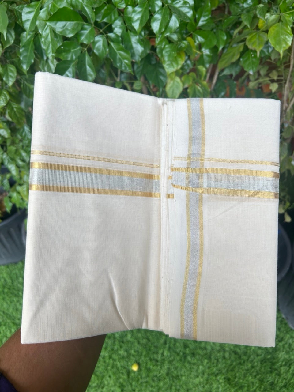 25% DISCOUNT ! KaithariKada HANDLOOM Millpaav Balaramapuram - 100% PURE Cotton Off White - (Unbleached) Double Mundu/Dhoti - 1.25 inch Gold Kasavu & Silver Kasavu Kara - 3KK5149RAM