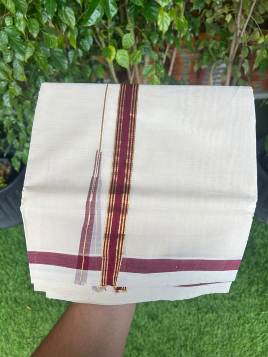 30% DISCOUNT!! KaithariKada HANDLOOM Millpaav Balaramapuram - 100% PURE Cotton OFF White Double- (Unbleached) Mundu/Dothi - 0.75 inch Puliyilakkara side stripes MAROON & Gold kasav chutty Kara - 3KK5156YAR