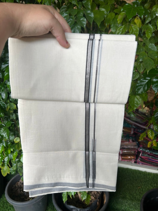 25% Discount!!! KaithariKada HANDLOOM UNAKKUPAAV Balaramapuram - 100% PURE Cotton OFF WHITE (Unbleached) Double Mundu/Dhoti - 80x90 - 1 cm Silver striped Black chutty kara 4 Mtr (8.5 Muzham) - 3KK5235 YAR