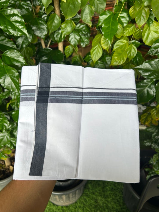 24 % Discount !! KaithariKada Balaramapuram 100% Cotton Pure white Single Mundu/Dhoti - Twisted 60s Thread- 1 inch Navy Blue Shaded & Light Blue Striped Kara (2 meter / 4 muzham) - 3KK5241 GL