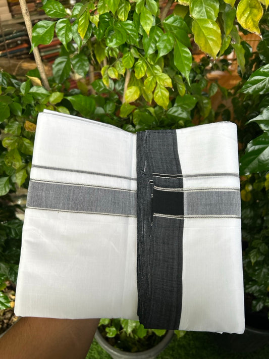 25% Discount!! NEW ULTRA PURE WHITE HANDLOOM Balaramapuram - 100% MERCERISED Cotton Double Mundu/Dhoti - 120 twisted warp x 80s weft - Black & Silver Kasav Kara- 3KK5248 REA