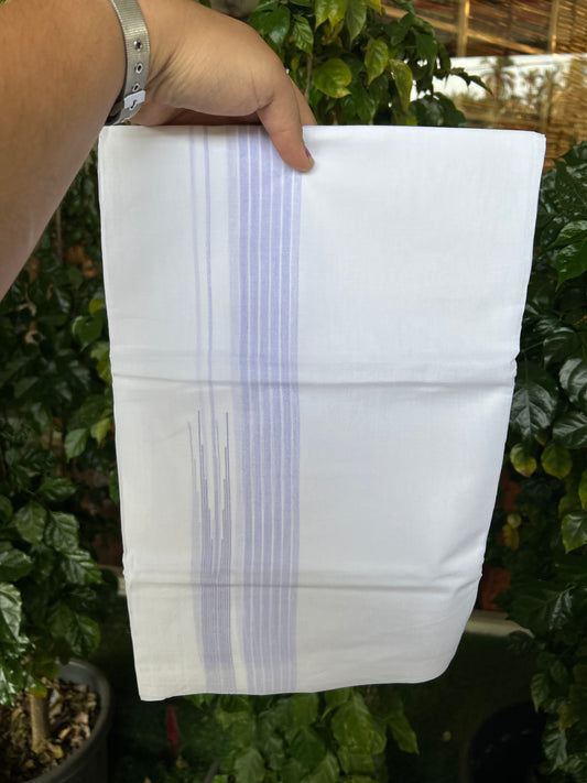 24% Discount! KaithariKada Balaramapuram 100% Cotton Pure white Double Mundu/Dhoti - (100x80)s - 1.5 inch Puliyilakkara Light Violet Stripes Chutty - 103 KK5258 THI