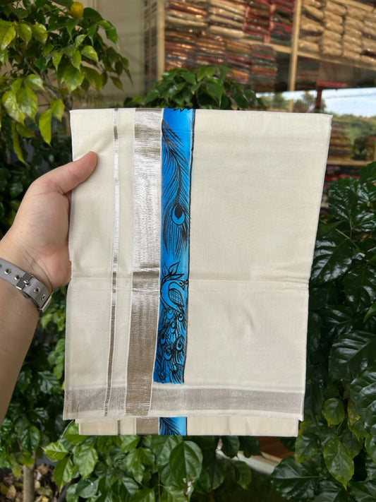 24% Discount! Hand Painted - KaithariKada 100% Cotton Double Off white - (Ubleached) Mundu / Dhoti - 100x80 1 inch Silver Kasavu & Hand Painted Peacock - 3 KK5259 CKS