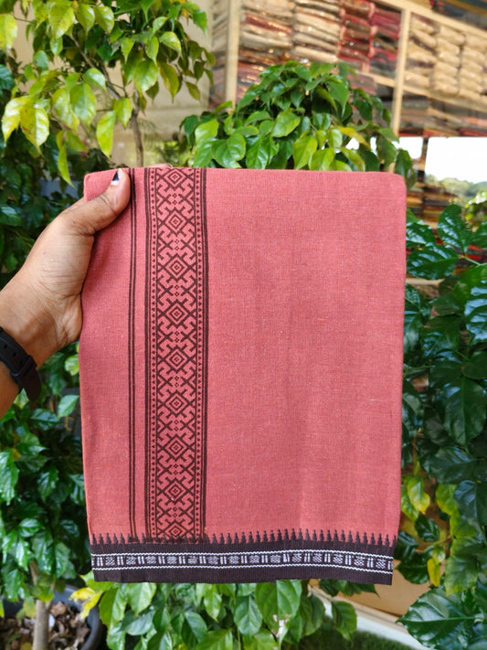 8% Discount!!! Kaitharikada Mixed Cotton Single KAVI - Kaily / Lungi - 3.25 inch DARK BROWN Tribal Printed kara Kuppadam Border (2 meter / 4 muzham) - 3KK8027 AS