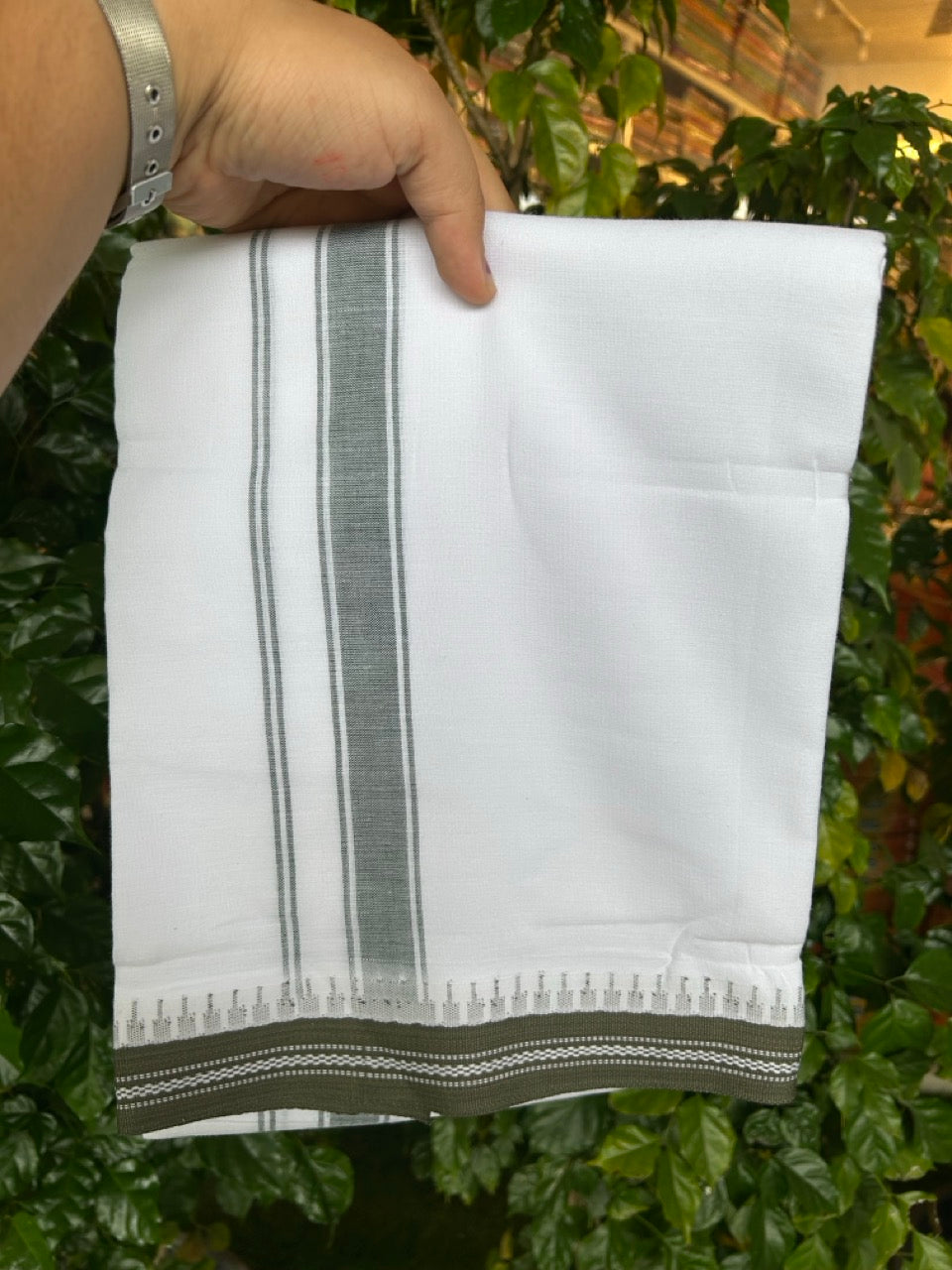 Premium Kathar Type Mercerised Pure Cotton Single Mund Kaitharikada Special - Kaily / Lungi -  1.25 inch Sage Green Striped kara White Body Kuppadam Border (2 meter / 4 muzham) - 3 KK8031 MUT