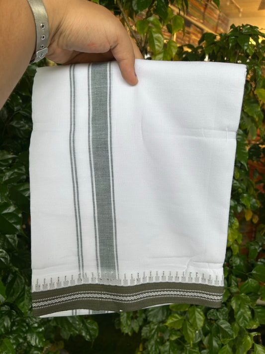 Premium Kathar Type Mercerised Pure Cotton Single Mund Kaitharikada Special - Kaily / Lungi -  1.25 inch Sage Green Striped kara White Body Kuppadam Border (2 meter / 4 muzham) - 3 KK8031 MUT