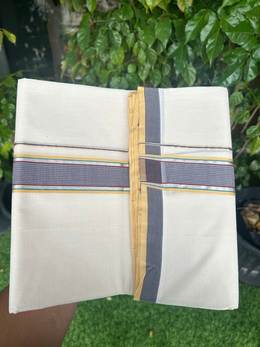 28% DISCOUNT! KaithariKada BALARAMAPURAM HANDLOOM UNAKKUPAAV - 100% PURE Cotton Off white (Unbleached) Double Mundu/Dhoti - 1.75 inch Silver Kasavu Navy BLue and mustard Yellow Kara - 3KK5153RAM