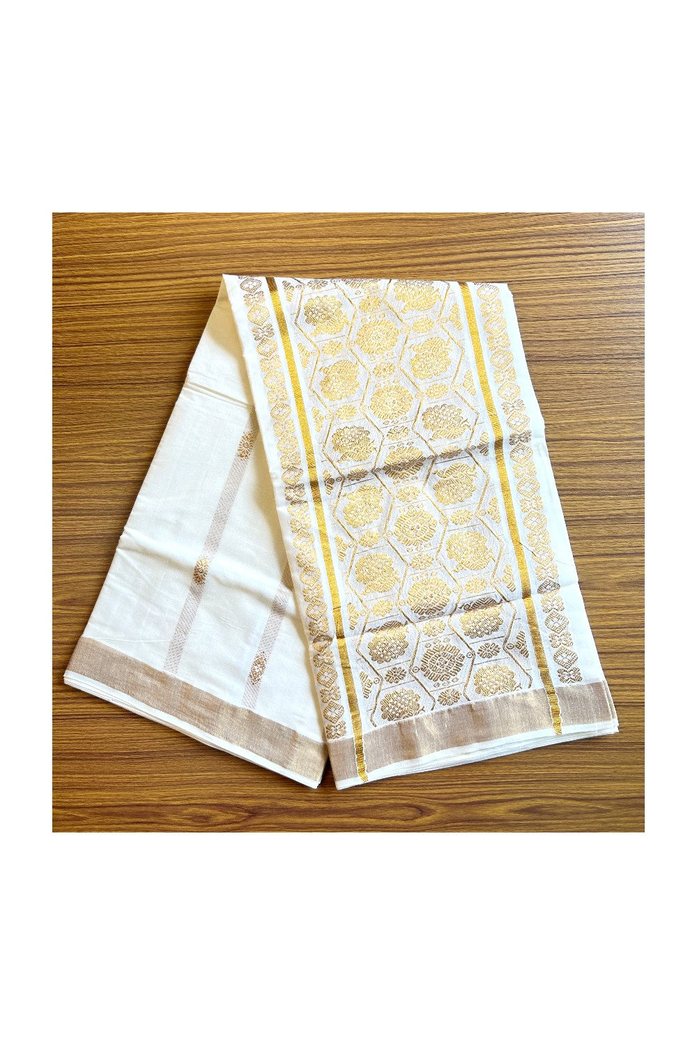 23% Discount!!! Kaitharikada Kerala Cotton Saree Off white - 28.5 inch Kasav Zari with Peacock Pattern Putta Design- 3KK1002JEE