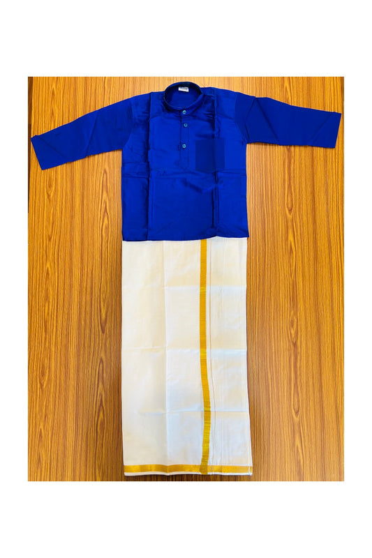 10% DISCOUNT !!! Yuvaraj -Traditional South Indian Kids Silk kurta & Mund - Blue  kurta Off white Kasavu Mund Age 6- 3KK112YUV6