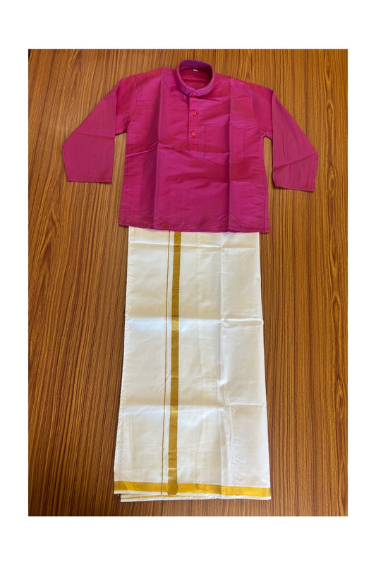 10% DISCOUNT !!! Kaitharikada -Traditional South Indian Kids Silk kurta & Mund- Dusty pink kurta Off white Kasavu Mund Age 7- 3KK116YUV7