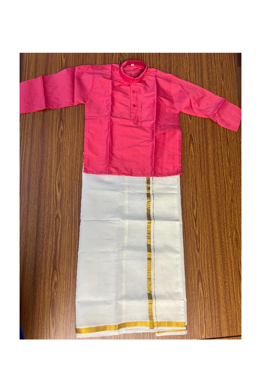 10% DISCOUNT !!! Kaitharikada -Traditional South Indian Kids Silk kurta & Mund - Pink kurta Off white Kasavu Mund Age 8- 3KK117YUV8