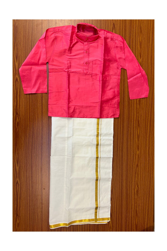 10% DISCOUNT !!! Kaitharikada - Traditional South Indian Kids Silk kurta & Mund - Pink kurta Off white Kasavu Mund Age 9 - 3KK118YUV9