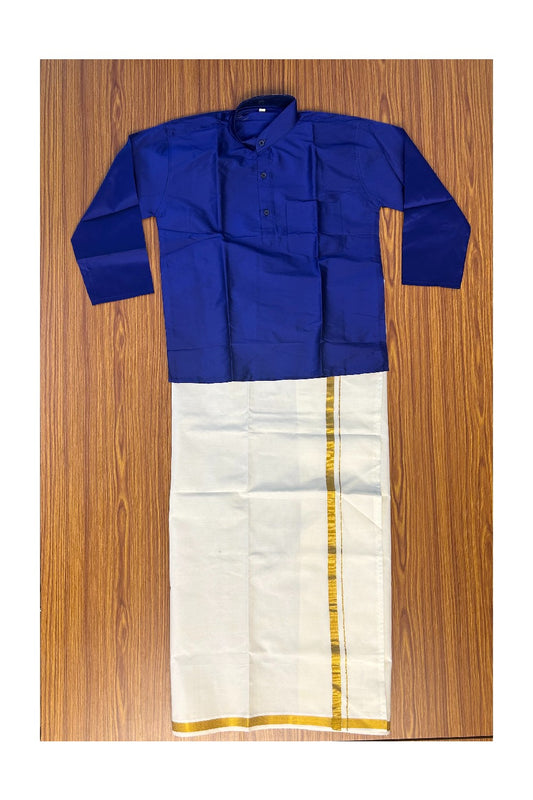 10% DISCOUNT !!! Kaitharikada -Traditional South Indian Kids Silk kurta & Mund - Navy blue kurta Off white Kasavu Mund Age 10- 3KK119YUV10