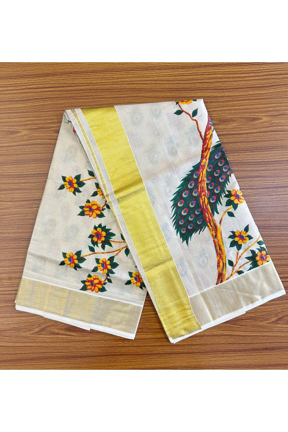25% Discount! Kaitharikada Kerala Saree - Kasavu Tissue -  Kasavu Zari & Peacock Mural Printed Maroon - 3KK300VIN