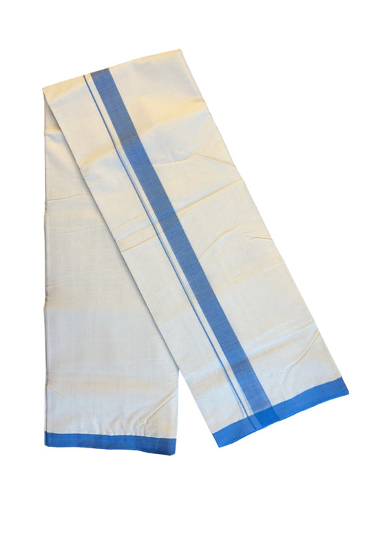 30% DISCOUNT!! KaithariKada HANDLOOM millpaav Balaramapuram - 100% PURE Cotton OFF White (Unbleached) Double Mundu/Dothi - 1.5 inch Blue Mulloth Kara 3.75 Meters (8 Muzham) - 3KK409RAM