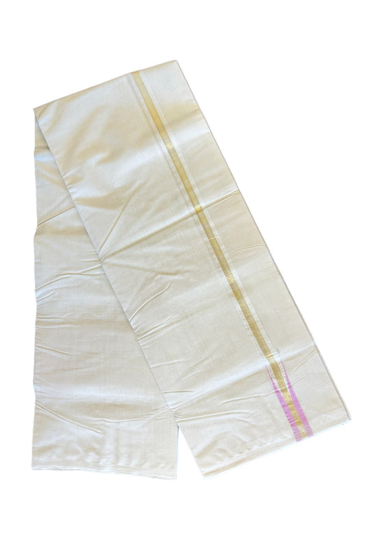30% DISCOUNT!! KaithariKada HANDLOOM Millpaav Balaramapuram - 100% PURE Cotton OFF White - (Unbleached) Double Mundu/Dothi - Puliyilakkara chutty Lavender Pink & Kasavu Kara- 3KK410SOM