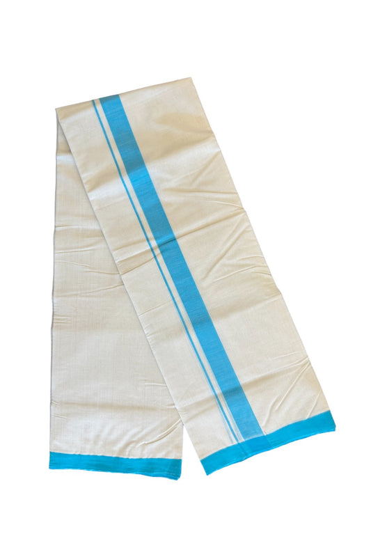 30% Discount! KaithariKada Balaramapuram Handloom 100% Unakkupaav Cotton Double Mundu/Dhoti Off white (Unbleacehd) - 100x100 1.75inch Sky Blue Mulloth Border 3.68m (8 Muzham) - 3KK420RAM