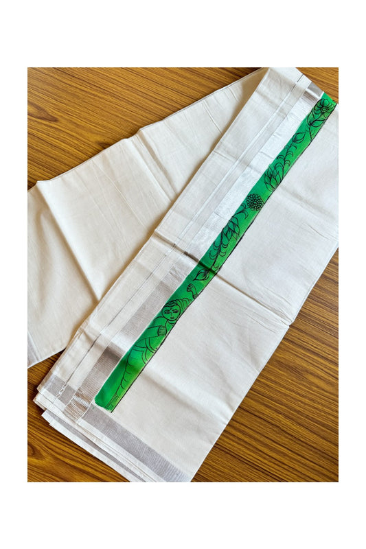 30% Discount! KaithariKada Balaramapuram 100% Cotton off white Double - (Unbleached) Mundu/Dhoti-80x72- Silver Kasavu HAND PAINTED Green Flower pattern 3inch Kara - 3KK424CEE