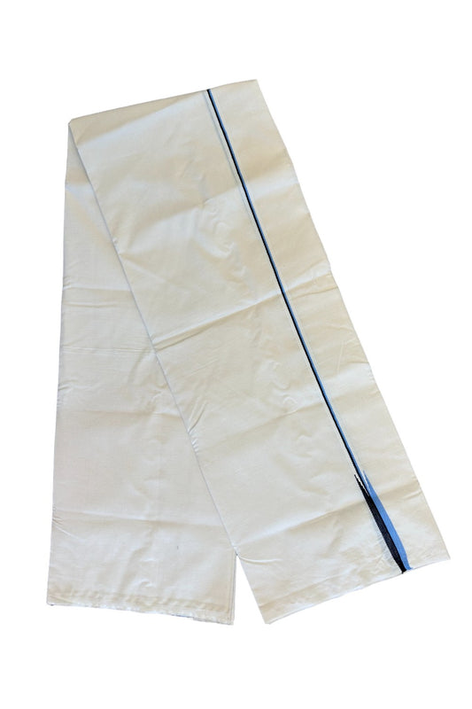 28% DISCOUNT ! KaithariKada Balaramapuram 100% COTTON SINGLE OFF WHITE (Unbleached) Mundu/Dhoti-100X100-  0.5 Inch Puliyilakkara Blue& Black Chutty (2 meter / 4 muzham) -  3KK446ASH