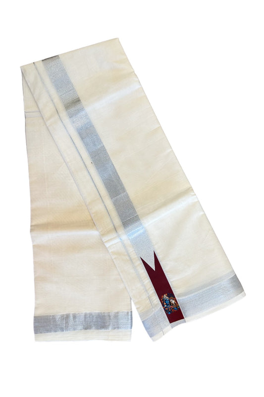 KaithariKada Balaramapuram  Off white (Unbleached) Double Mundu/Dhoti- 80x72- 2.25 inch Printed Silver Kasavu & Mural Design 3.96m- 3KK457VIN