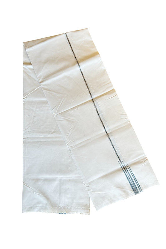 33% DISCOUNT!!  KaithariKada Balaramapuram 100% Cotton Single Off white - (Unbleached) Mundu/Dhoti-100x100 0.5 inch  Chutty Puliyilakkara Muthukuri Silver Kasavu & Green Kara (2 meter / 4 muzham) - 4KK489ASH