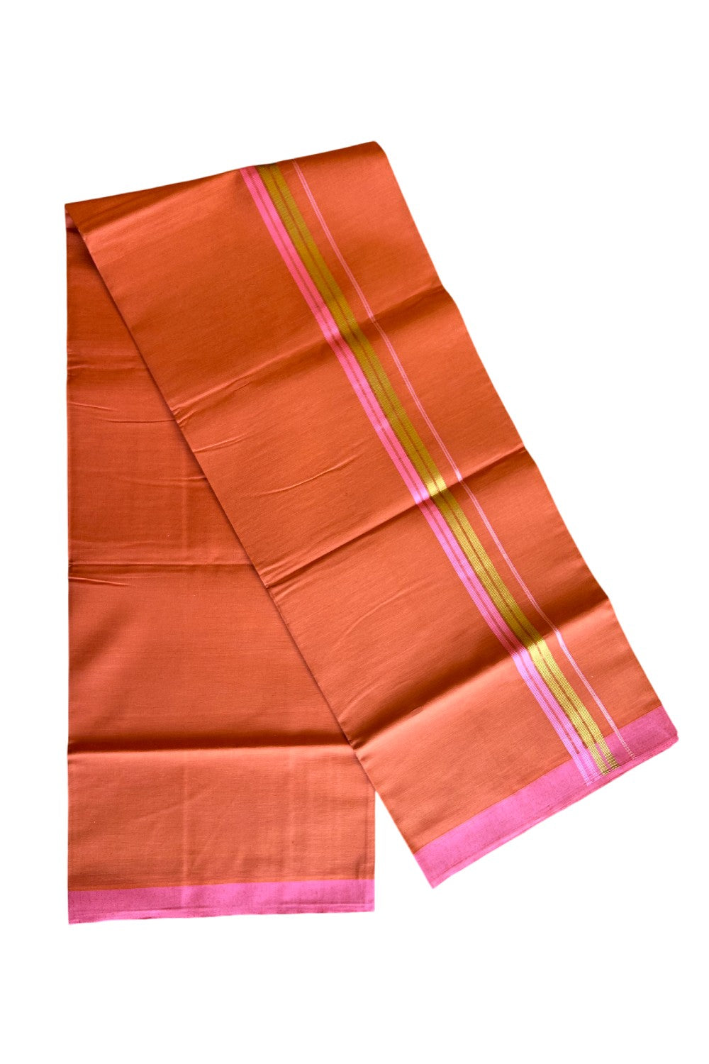 Kaitharikada  Soft Cotton - Kaily / Lungi - 1.75 inch Pink & kasavu striped kara with KAAVI colour body - 3KK492RAM