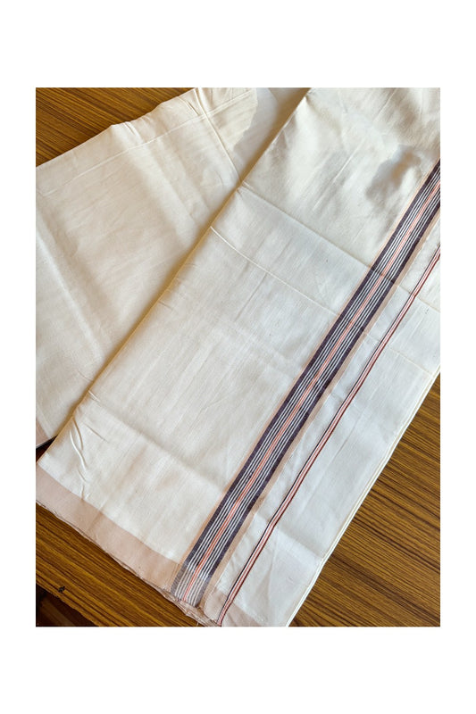 30% DISCOUNT!! KaithariKada HANDLOOM UNAKKUPAAV Balaramapuram - 100% PURE Cotton OFF White Double Mundu/Dothi - 2.25 inch Light Brown Mixed Stripes Mulloth Kara 4.5 Meters (10 Muzham) - 3KK494SOM
