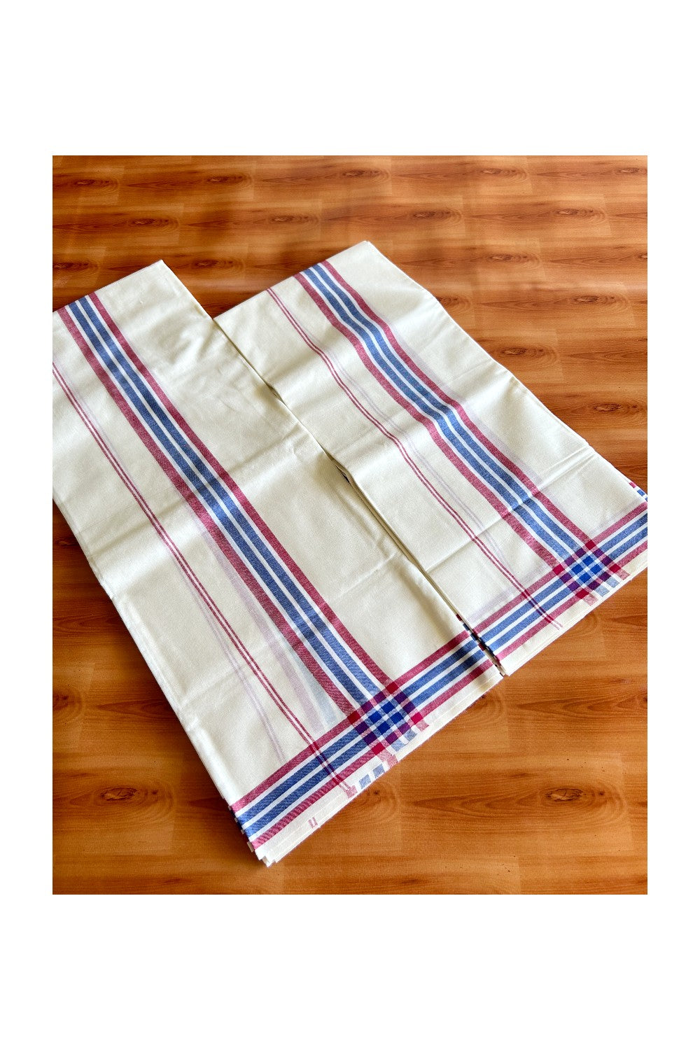 16% Discount!! KaithariKada - Kerala Cotton SINGLE SET MUND FOR WOMEN - Navy Blue & Red Striped Mulloth Kara- 3KK494VIN