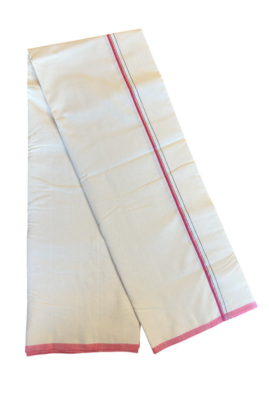 30% Discount!! SIGNATURE KAITHARIKADA EXCLUSIVE SINGLE DHOTI - 100% Cotton Balaramapuram HANDLOOM Single Mundu/Dhoti - Off White - (Unbleached) 0.5 Inch Silver KASAVU & Pink Blue Kara (2 metre / 4 muzham)- 3KK5013KAI