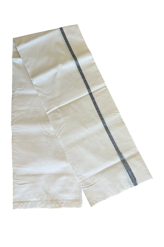 20 % DISCOUNT!! KaithariKada Balaramapuram 100% Cotton OFF WHITE Single - (Unbleached) Mundu/Dhoti-100x100  Puliyilakkara 1.cm Silver kasavu & black striped chutty (2 meter / 4 muzham)  - 3KK501ASH