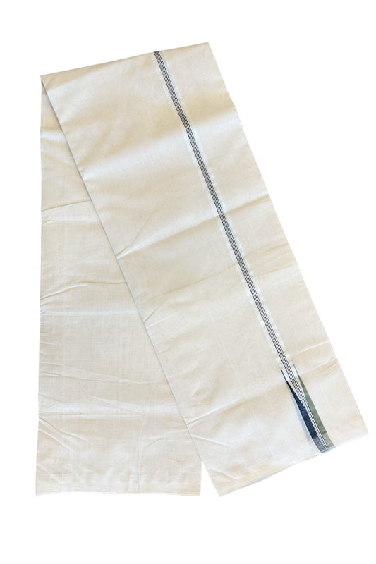 30% DISCOUNT!! KaithariKada HANDLOOM millpaav Balaramapuram - 100% PURE Cotton OFF White - (Unbleached) Double Mundu/Dothi - Green Black & Silver Striped puliyilakkara chutty- 3KK5020RAM