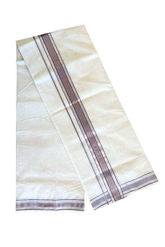 25% DISCOUNT!! KaithariKada HANDLOOM Millpaav Balaramapuram - 100% PURE Cotton OFF White - (Unbleached) Double Mundu/Dothi - 2.5 inch MAROON & Silver stripes kara - 3KK503RAM