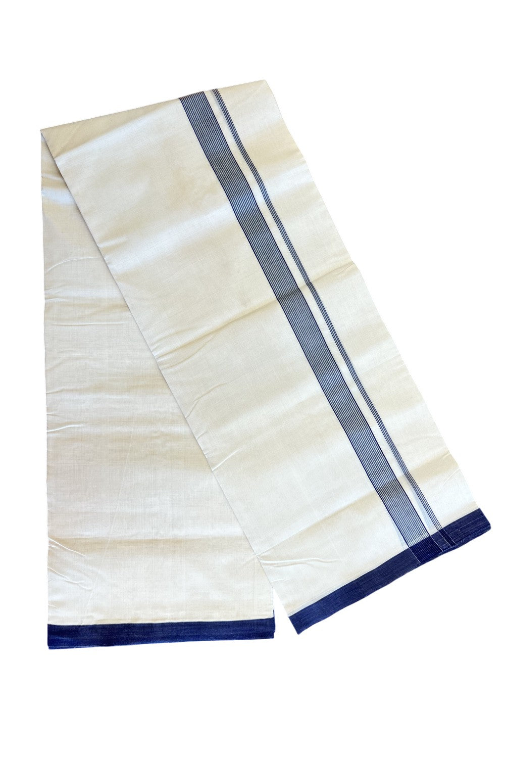 25% DISCOUNT!! KaithariKada HANDLOOM UNAKKUPAAV Balaramapuram - 100% PURE Cotton OFF White Double - (Unbleached) Mundu/Dothi - 1.75 inch Deep Blue Stripes Kara 4.5 Meters (10 Muzham) - 3KK5041SOM