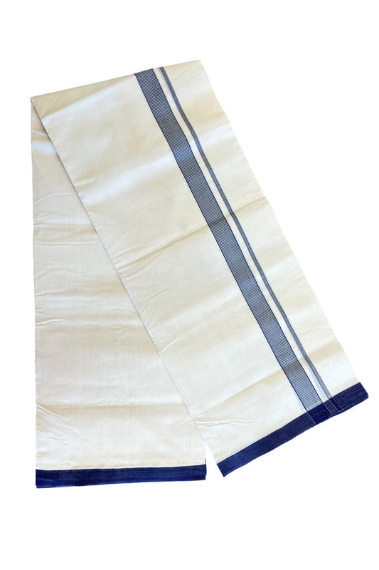 30% DISCOUNT!! KaithariKada HANDLOOM UNAKKUPAAV Balaramapuram - 100% PURE Cotton OFF White Double - (Unbleached) Mundu/Dothi - 1.75 inch Deep Blue Stripes Kara 4.5 Meters (10 Muzham) - 3KK5041SOM