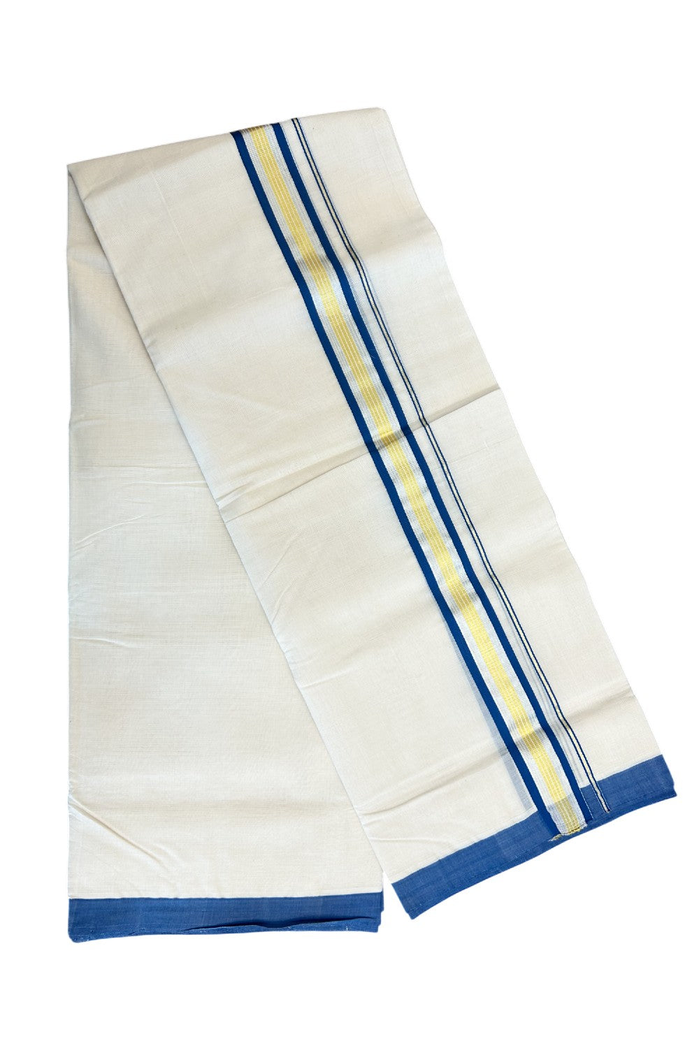 30% DISCOUNT! KaithariKada HANDLOOM Millpaav Balaramapuram - 100% PURE Cotton Off White (Unbleached) - 100x100 Double Mundu/Dhoti - 2.25 inch  Gold & Silver Kasavu Blue Stripes Kara-85
