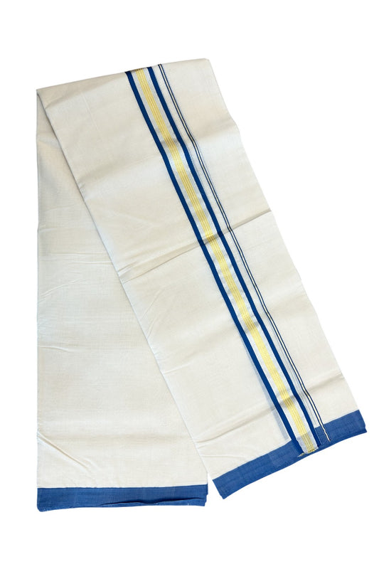 30% DISCOUNT! KaithariKada HANDLOOM Millpaav Balaramapuram - 100% PURE Cotton Off White (Unbleached) - 100x100 Double Mundu/Dhoti - 2.25 inch  Gold & Silver Kasavu Blue Stripes Kara-85