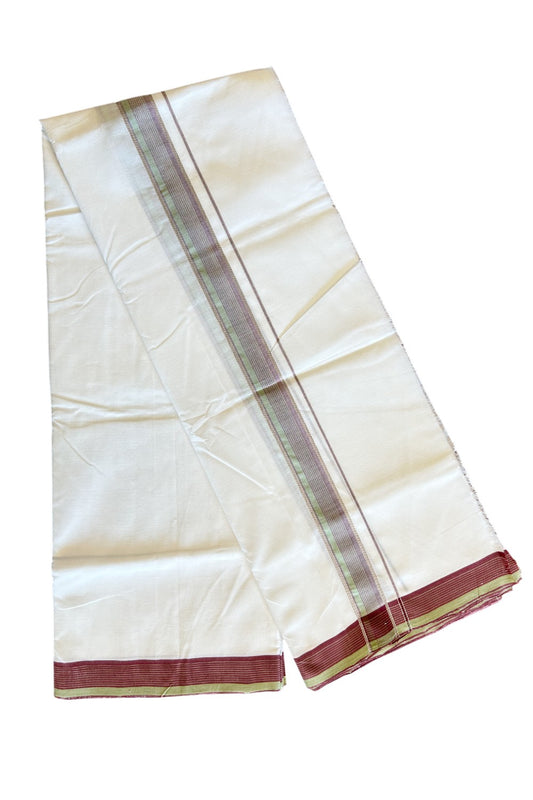 25% Disocunt! NEW PURE WHITE HANDLOOM UNAKKUPAAV Balaramapuram - 100% Cotton Double Pure White - Mundu/Dhoti - 100x100 2.25 inch Pista Green & Maroon Silver Kasavu Striped Kara 3.87 mtrs (8 Muzham) - 3KK5047REA