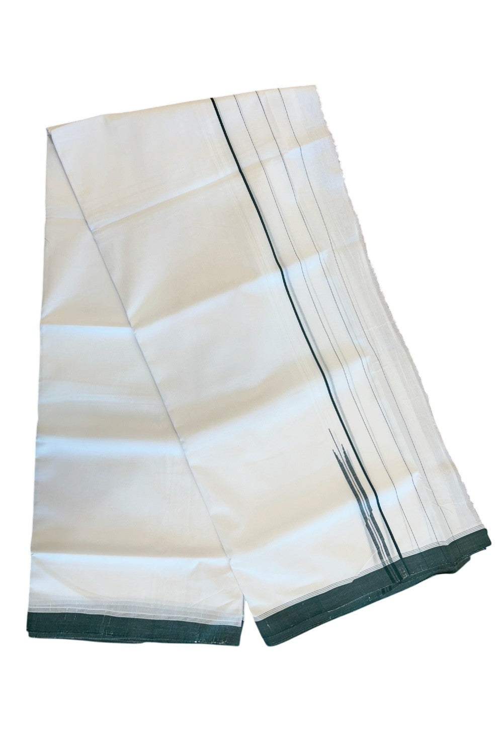 25% Disocunt! NEW PURE WHITE HANDLOOM UNAKKUPAAV Balaramapuram - 100% Cotton Double Pure White - Mundu/Dhoti - 100x100 4.75 inch Dark Green CHUTTY Kara 3.68 mtrs (8 Muzham) - 3KK5048REA