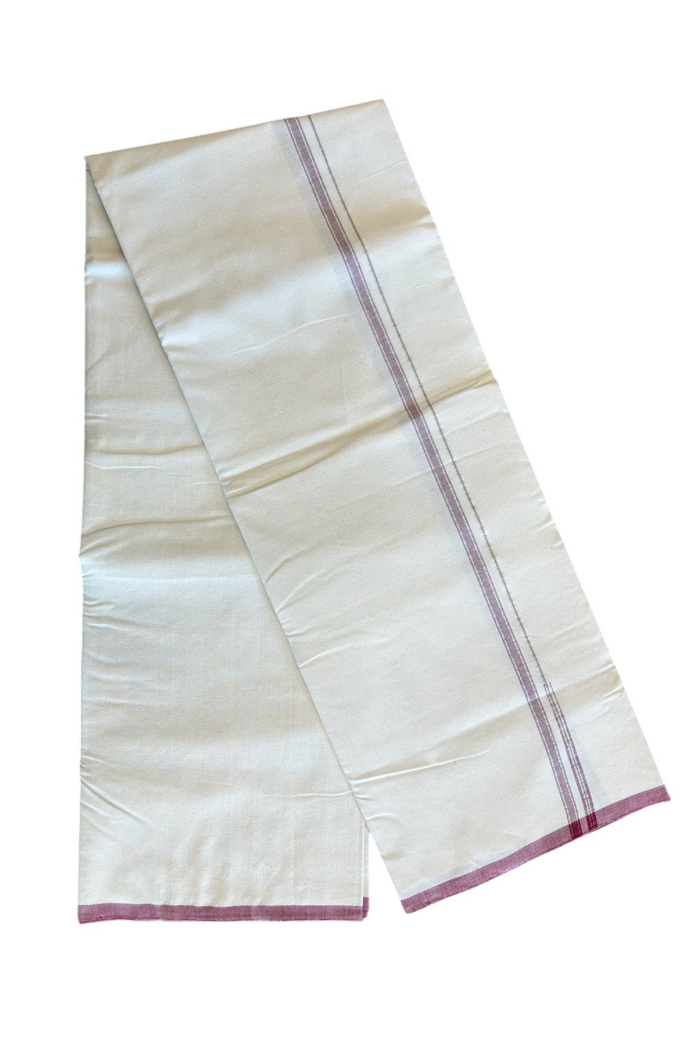 SIGNATURE KAITHARIKADA EXCLUSIVE SINGLE DHOTI - 25% Discount!!! 100% Cotton Balaramapuram HANDLOOM Single Mundu/Dhoti - Off White -  (Unbleached) - 1 cm Maroon & Silver KASAVU Chutty Kara (2 meter / 4 muzham) - 3KK5050KAI