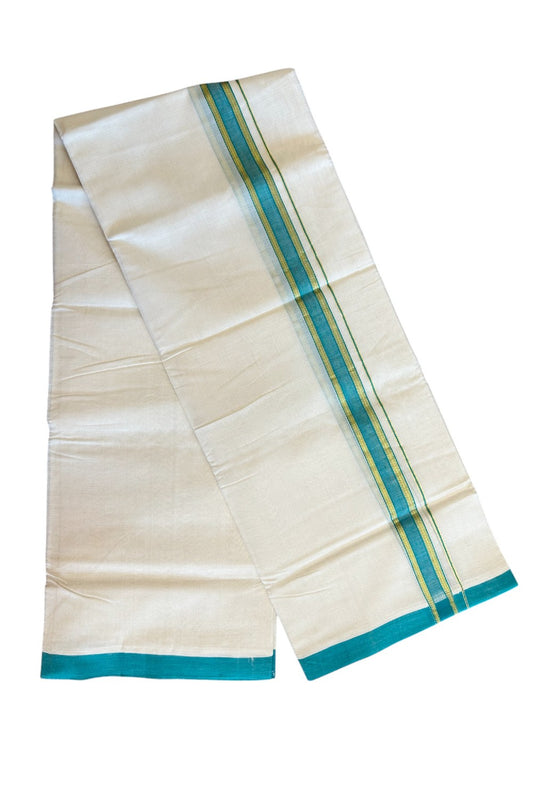 25% DISCOUNT! KaithariKada BALARAMAPURAM HANDLOOM UNAKKUPAAV - 100% PURE Cotton off white (Unbleached) Double Mundu/Dhoti - 1.5 inch  Kasavu & Turquoise Blue Kara-60